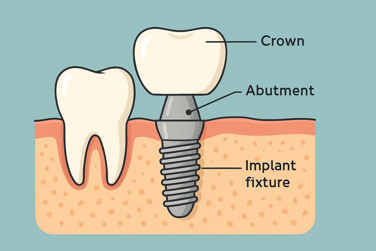An animated educational diagram explaining "implants meaning" with labels pointing to the implant fixture in the jawbone, the abutment, and the crown. No text on the image.