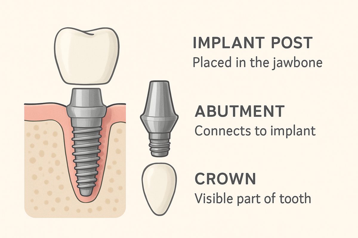 A diagram showcasing the different parts of a dental implant, including the implant post, abutment, and crown, with labels and brief descriptions of each component. No text on the image.