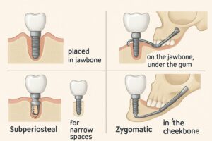 Image comparing different types of dental implants: endosteal, subperiosteal, mini, and zygomatic. Each type of implant should be clearly labeled with a short description of its use case. No text on image.