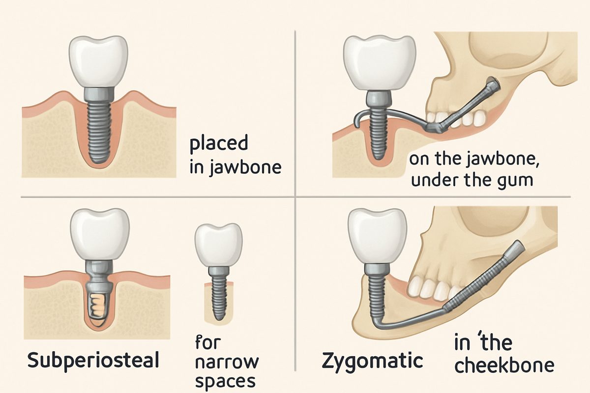 Image comparing different types of dental implants: endosteal, subperiosteal, mini, and zygomatic. Each type of implant should be clearly labeled with a short description of its use case. No text on image.