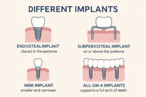 Image comparing and contrasting several "different implants", including endosteal, subperiosteal, mini, and All-on-4 implants. The image should have a brief description of each type.