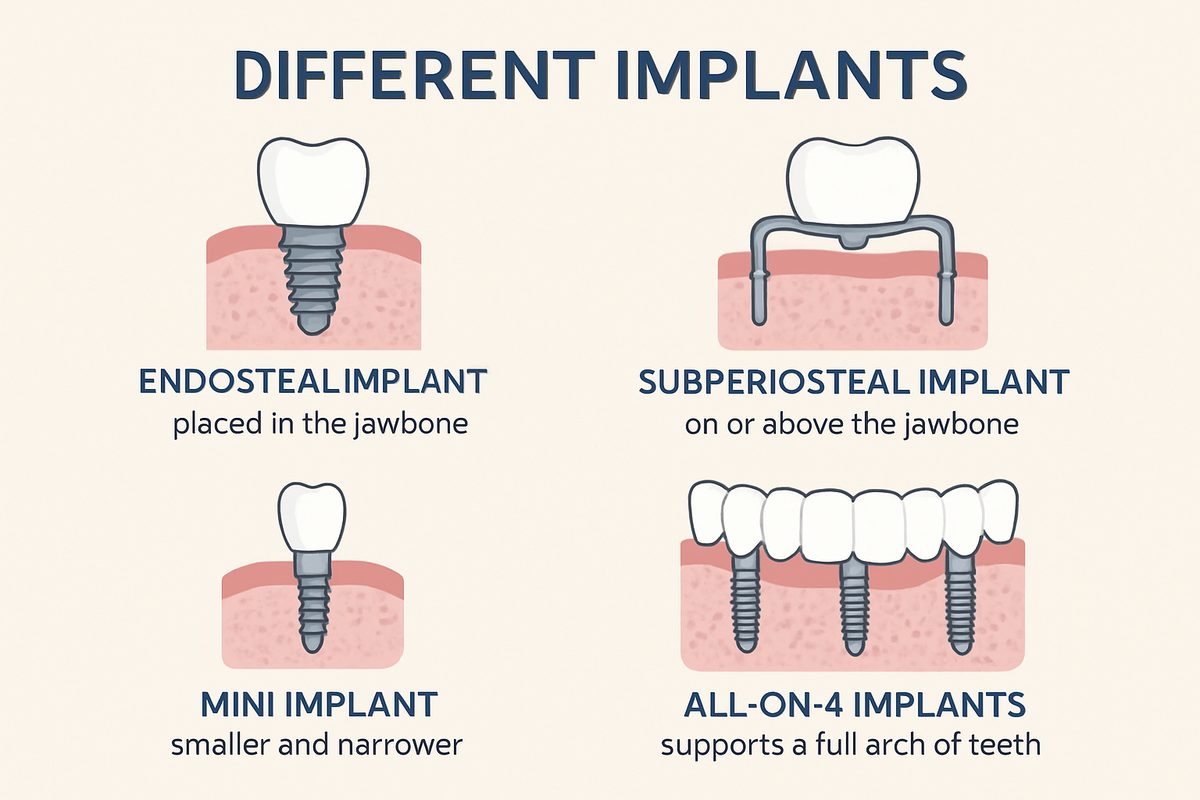 Image comparing and contrasting several "different implants", including endosteal, subperiosteal, mini, and All-on-4 implants. The image should have a brief description of each type.