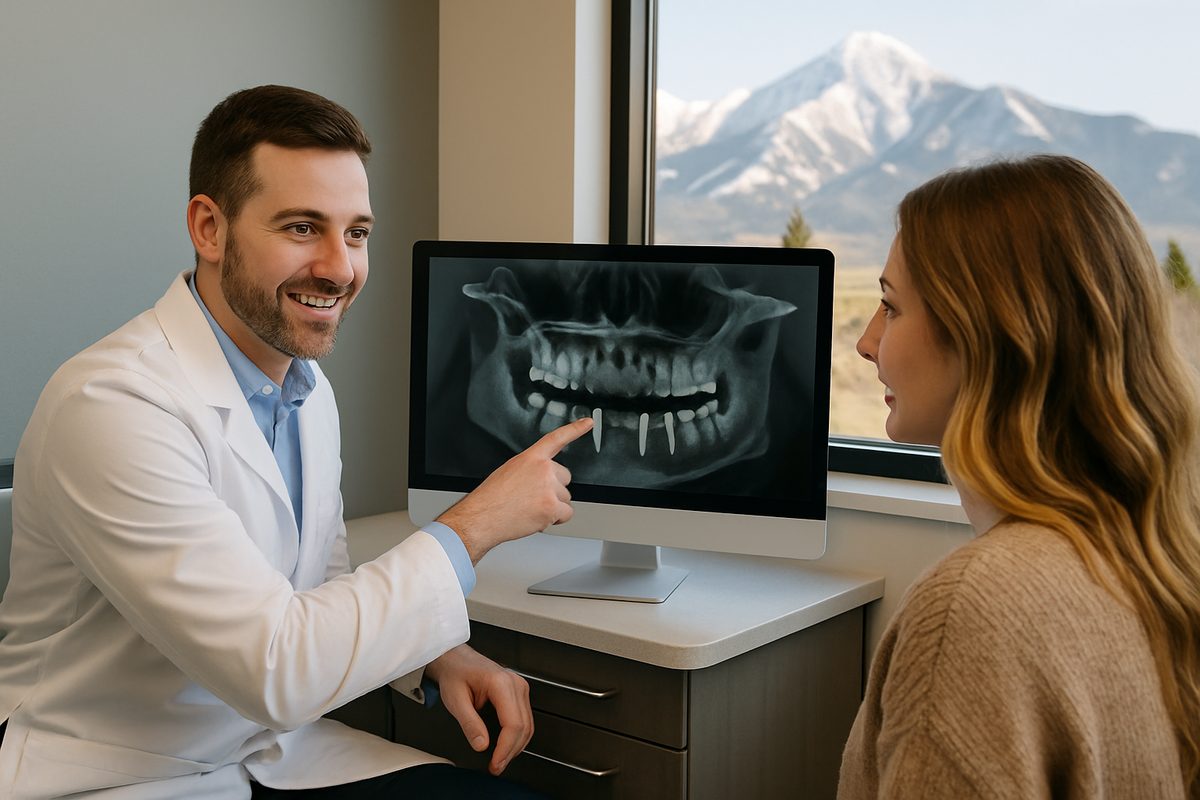 A friendly dentist is consulting with a patient, pointing to a digital scan of their jaw showcasing where dental implants could be placed. The setting is a modern dental office in Montana, with mountains visible through the window. No text on image.